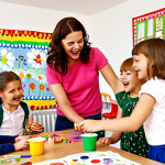 **

A group of Polish children are joyfully painting a large mural together, using a vibrant array of colors. The scene is set in a sunny kindergarten classroom, with colorful drawings and toys scattered around. The children are laughing and collaborating, showcasing teamwork and communication skills. Focus on the emotions of joy, cooperation, and creativity. Use Polish clothing styles and features.

**