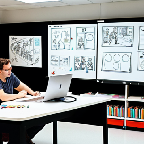 Home 6 **Pre-production Hub**: A bustling animation studio focusing on the pre-production phase of a children's animated series. Artists are sketching detailed character concepts and vehicle designs (reminiscent of Tayo's buses), writers are collaborating over script drafts, and a team reviews storyboards on a large screen. Whiteboards are filled with ideas and mind maps, showcasing the meticulous, iterative, and costly foundational work. The atmosphere is creative and collaborative, with a modern, bright studio aesthetic.