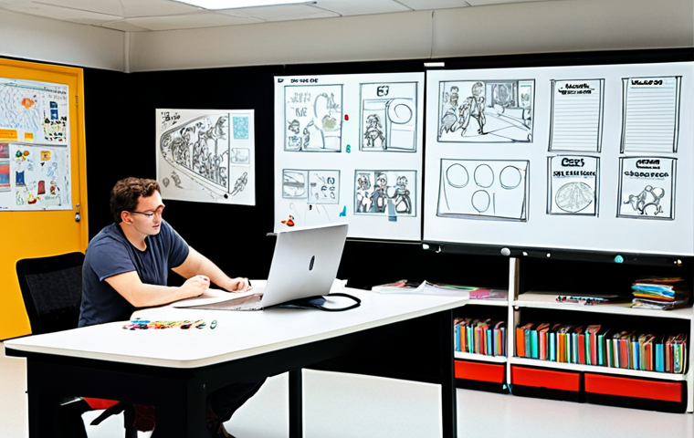 **Pre-production Hub**: A bustling animation studio focusing on the pre-production phase of a children's animated series. Artists are sketching detailed character concepts and vehicle designs (reminiscent of Tayo's buses), writers are collaborating over script drafts, and a team reviews storyboards on a large screen. Whiteboards are filled with ideas and mind maps, showcasing the meticulous, iterative, and costly foundational work. The atmosphere is creative and collaborative, with a modern, bright studio aesthetic.
