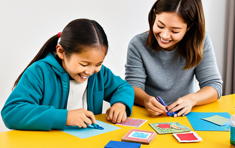 **
A parent and child crafting together at a table, making a Tayo the Little Bus stamp. The table is covered in craft supplies: colorful paper, glue, scissors, and stamp pads. The child is smiling and engaged. The parent is assisting. The scene is warm and inviting, showcasing a family-friendly activity. Fully clothed, appropriate attire, safe for work, perfect anatomy, natural proportions, professional, modest, family-friendly.
**