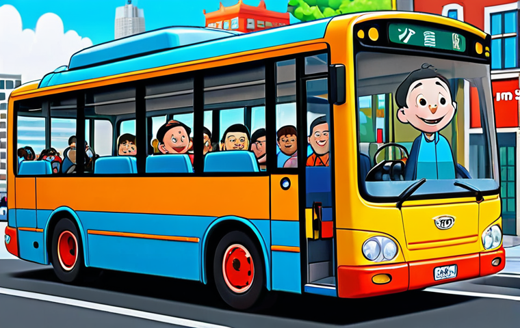 **
"A friendly cartoon bus character, reminiscent of Tayo Autobus, fully clothed, driving through a brightly colored cityscape, appropriate attire, safe for work, perfect anatomy, natural proportions, cartoon illustration, high quality, family-friendly."
**