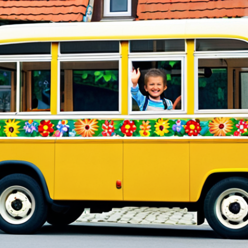 Home 21 Friendly Neighborhood Scene**
A cheerful, fully clothed child in appropriate attire, is waving from the window of a brightly colored bus modeled after Tayo, driving through a sunny Polish village. Quaint houses with flower boxes line the street. Include "safe for work," "family-friendly," "professional," "perfect anatomy," and "natural proportions."
**