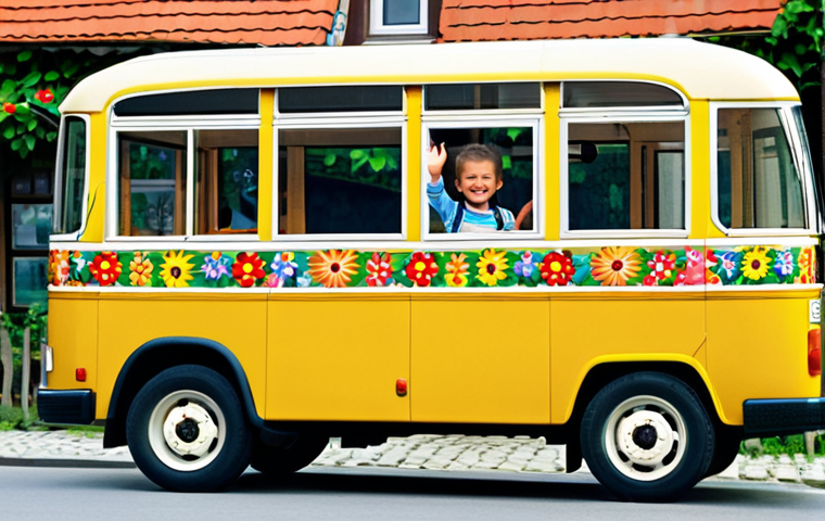 Friendly Neighborhood Scene**
A cheerful, fully clothed child in appropriate attire, is waving from the window of a brightly colored bus modeled after Tayo, driving through a sunny Polish village. Quaint houses with flower boxes line the street. Include "safe for work," "family-friendly," "professional," "perfect anatomy," and "natural proportions."
**