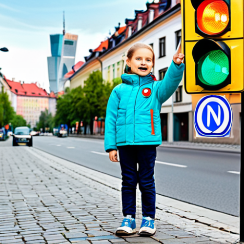 Home 20 Traffic Light Learning**
"A young Polish child, fully clothed in a bright, family-friendly outfit, enthusiastically pointing at a traffic light, learning about colors, with a TAYO-themed sticker on their jacket, safe for work, appropriate content, perfect anatomy, correct proportions, natural pose, colorful background with Warsaw cityscape, professional illustration, high quality, modest clothing."
**
