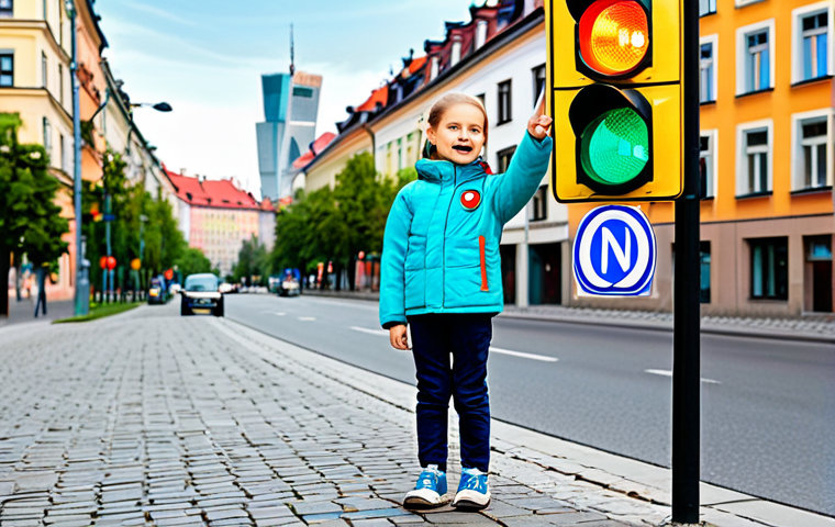Traffic Light Learning**
"A young Polish child, fully clothed in a bright, family-friendly outfit, enthusiastically pointing at a traffic light, learning about colors, with a TAYO-themed sticker on their jacket, safe for work, appropriate content, perfect anatomy, correct proportions, natural pose, colorful background with Warsaw cityscape, professional illustration, high quality, modest clothing."
**