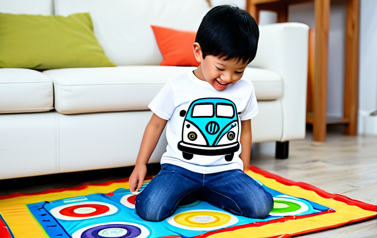 타요 상품 유통 채널 - **
A cheerful child, fully clothed in a TAYO-themed t-shirt and jeans, playing with a TAYO toy bus ...